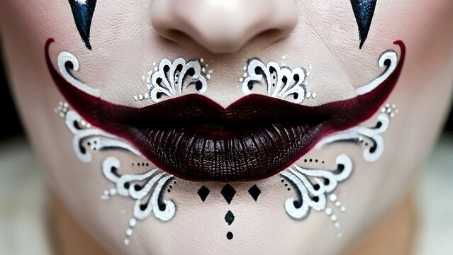 Woman wearing creative face paint featuring dark lips with elaborate swirling patterns resembling festive mask styles for seasonal celebrations or artistic performances capturing human facial