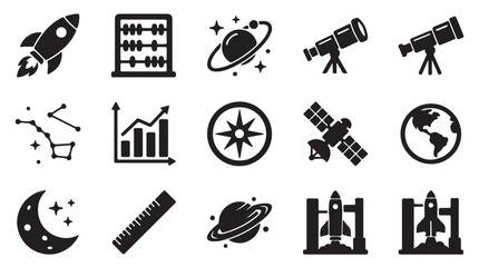 Space icons, astronomy symbols, 16 black vector graphics, celestial objects, space exploration © Rafiq