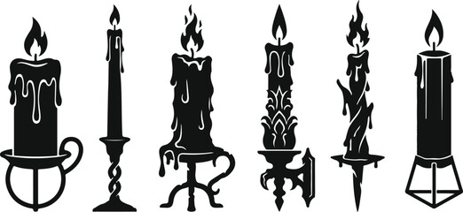 Fototapeta premium Set of thirty-one black candle silhouettes with melting wax and glowing flames for spiritual religious Black silhouette candles and cauldron collection for halloween design