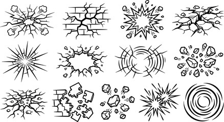 Destruction and Explosion Outline Icon Set with Cracked Ground, Broken Brick Walls, Shattered Glass Lines, and Impact Shockwave Symbols for Comic Vector Graphic Designs © Monirul