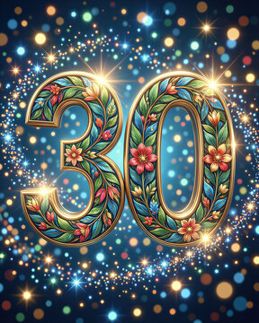 A 30th birthday illustration features gold numerals with floral designs and sparkles on a dark blue background with colorful lights.