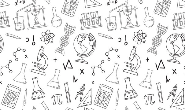 Science and mathematics doodle seamless pattern with laboratory equipment