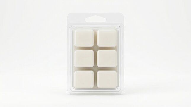 Wax melt cubes in a clear plastic clamshell packaging isolated on white background
