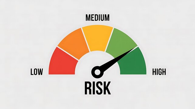 Risk assessment gauge, risk meter graphic, business risk level indicator, risk management tool