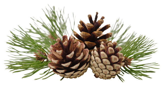 Three brown pine cones with green pine needles, isolated on transparent background
