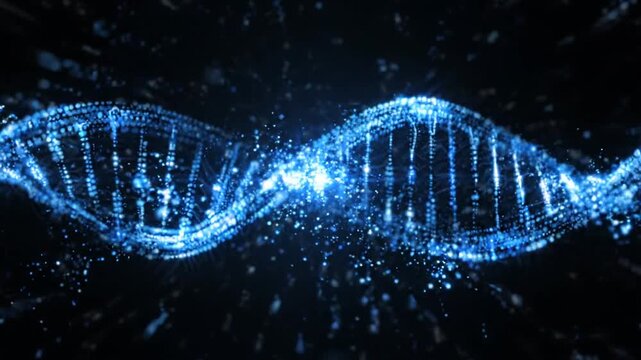 Abstract shimmering blue DNA structure rotating on a dark background, genetic engineering and scientific research concept