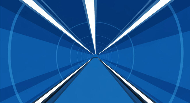 Minimalist blue vector illustration of a metro tube tunnel with symmetrical perspective, white light lines, and circular geometric patterns representing a modern subway transit corridor.