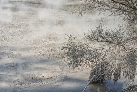Hot bubbling mud pool, Waiotapu Thermal Park, Waiotapu, Rotorua, Bay of Plenty, North Island, New Zealand