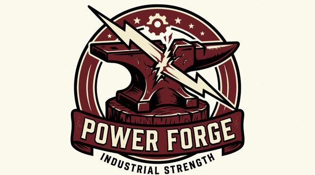 Vintage industrial forge anvil logo with lightning bolt and gear.