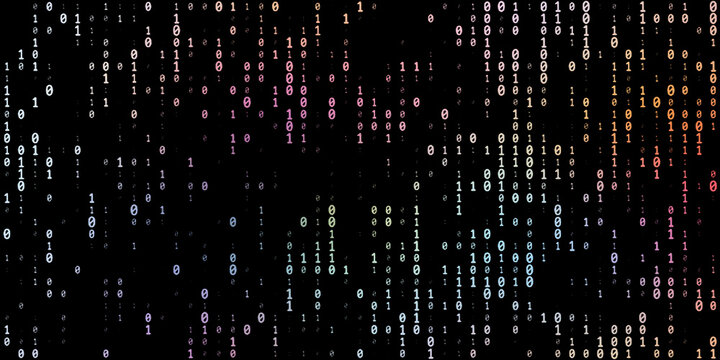 Binary code background with multicolored digital digits falling over black space representing big data and futuristic computing.