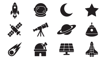 Space icons, astronomy symbols, rocket ship graphics, celestial bodies © Rafiq