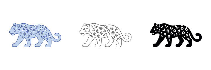 Stylized jaguar illustration in three variations: blue, outline, and black silhouette © Ophelia