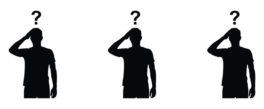 silhouette figures depicting communication questioning and gesturing with speech bubbles and questioning marks. Three black silhouettes of men with question marks thinking confused.