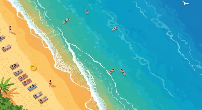 Aerial view vector illustration of a tropical sunny beach with blue turquoise ocean water, white foam waves on sand, people sunbathing on lounge chairs and swimming in the sea with palm tree.