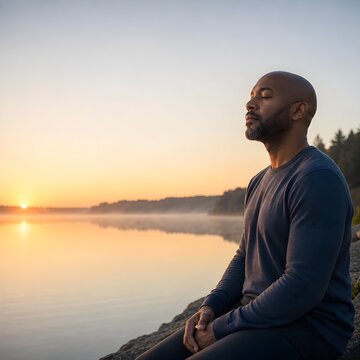 Bald Black man meditating peacefully by a misty lake at sunrise, embracing tranquility