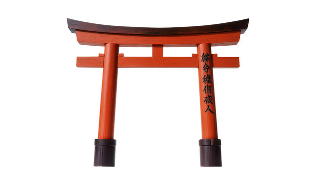 Red wooden torii gate with Japanese calligraphy, isolated on transparent background