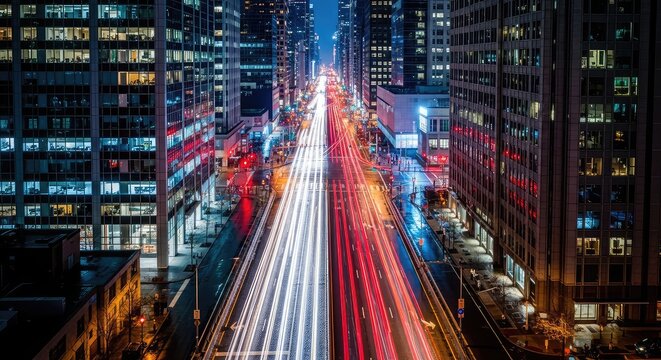 Stunning aerial hyperlapse of a luminous metropolitan street at night, capturing vibrant light trails amidst soaring glowing skyscrapers, speed, overlooking, timelapse