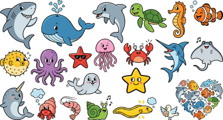 Cute Cartoon Sea Animals and Ocean Wildlife Sticker Set with Kawaii Shark Whale Dolphin Octopus Crab Sea Turtle and Fish Vector Character Illustrations © Asma Studio