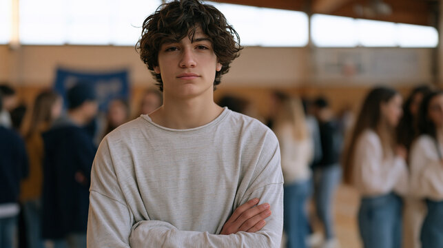 Roma teenager standing at edge of school gymnasium during a crowded social event, arms crossed watching others interact freely, social anxiety, adolescence, outsider feeling,
