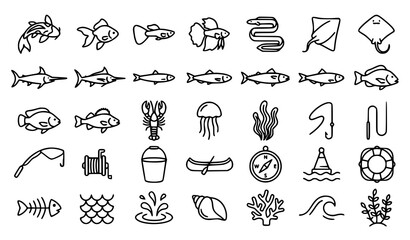 Editable Fish and Marine Outline Icons Set Thin Stroke Vector Illustration © MstFahima