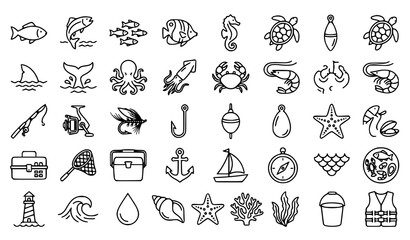 Minimal Fishing and Aquatic Life Line Icons Editable Stroke Vector Set © MstFahima