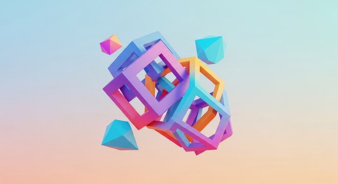 Vibrant abstract composition featuring multidimensional geometric shapes floating on a soft gradient background for modern creative designs, presentation, sleek, illustration
