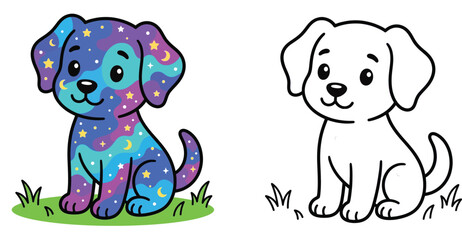 Cute Galaxy Puppy Dog Illustration and Line Art Coloring Page for Kids Vector Drawing of a Sitting Puppy with Space Pattern and Stars © AbuNazam