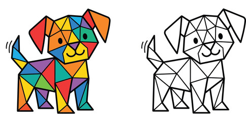 Geometric Puppy Dog Illustration and Line Art Coloring Page for Kids © AbuNazam