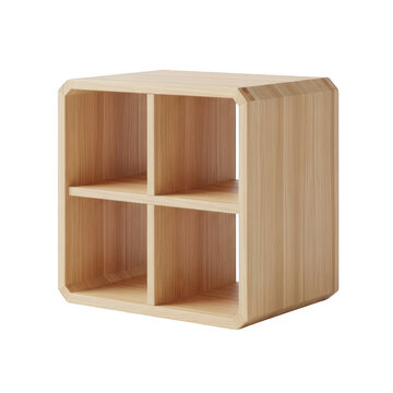 Minimalist light wooden corner shelving unit with three open cubbies isolated on transparent background