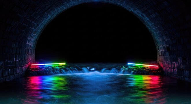 Vibrant neon light reflects off a rushing stream of water inside a dark underground passage, illuminating the rough texture of the stone, perspective, flow, fantasy