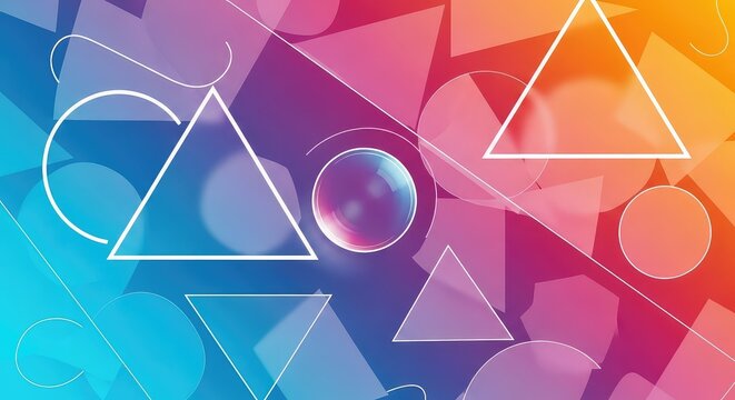 Vibrant overlapping geometric shapes including triangles, circles, and polygons create a dynamic modern background with neon color gradients, purple, overlay, multi-colored