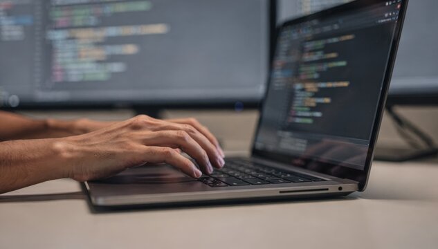Closeup of a developers hands tagging a versioncontrolled release package on a laptop with blurred code and build tools in the background.
