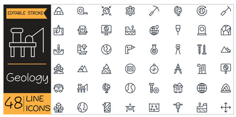 Geology icons set. Includes icons for rocks, minerals, fossils, earth science, excavation, and natural resources. Editable stroke. Line icons. Perfect for apps and infographics.  © Ubaidur Rehman