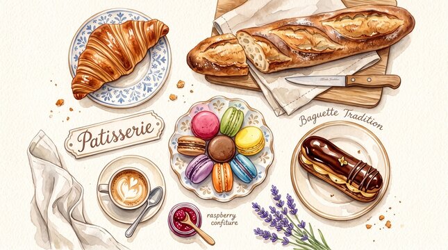 Patisserie selection featuring a fresh croissant, baguette, colorful macarons, and an eclair arranged on a table provides a delicious visual for food advertising.