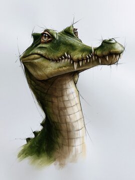 Stylized green caiman illustration with sketch lines