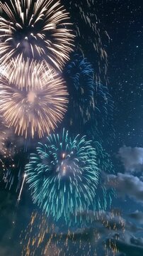 Colorful fireworks exploding in the night sky, vertical video featuring dazzling pyrotechnic bursts, festive celebration and vibrant sparkling light effects