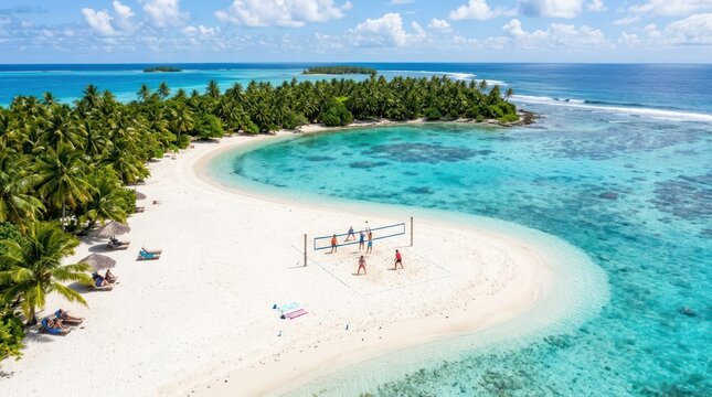 Tropical island beach with clear turquoise water and palms