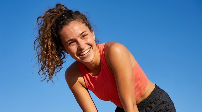 A fit woman with curly hair smiling brightly under a clear blue sky. She is wearing a coral-colored athletic top and black shorts, appearing to be taking a break from exercise or activity