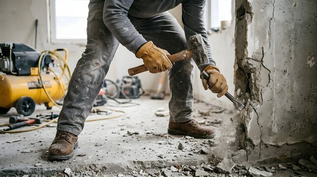 Construction worker demolishing a wall with a hammer and chisel
