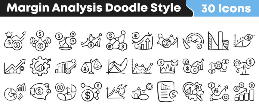 Set of thirty hand drawn doodle style margin analysis icons