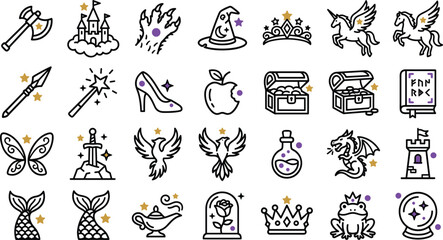 Fairytale and Fantasy Line Icon Set Featuring Magical Castle, Pegasus, Dragon, Mermaid, Wizard Hat, and Storybook Kingdom Symbols © Rofiqul Studio