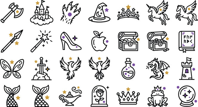 Fairytale and Fantasy Line Icon Set Featuring Magical Castle, Pegasus, Dragon, Mermaid, Wizard Hat, and Storybook Kingdom Symbols