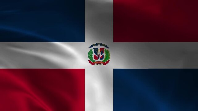 Dominican Republic National Flag Waving in Wind, Realistic Dominican Flag Animation with Coat of Arms on Silk Fabric in 4K