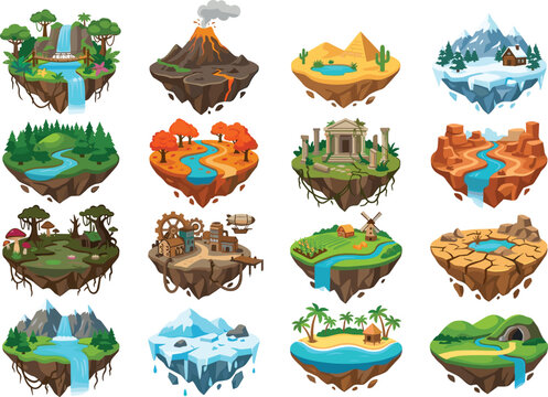 Isometric Floating Island Vector Set with Diverse Biomes Including Volcano Desert Tundra Forest Ruins and Steampunk Landscapes for Game Design Elements