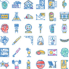 Fototapeta premium Hand drawn doodle icon set, playful sketch illustrations of diverse objects, concepts and symbols for web, app and branding projects simple, modern, versatile pack