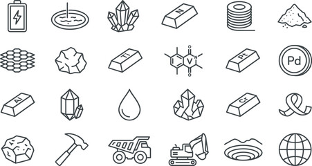 Fototapeta premium Industrial Mining and Critical Minerals Line Icon Set with Metal Ingots Battery Elements Geology Crystals Heavy Machinery Open Pit and Metallurgy Vector Symbols
