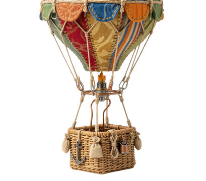 Colorful Hot Air Balloon Basket Isolated on Transparent Background with Wicker Texture