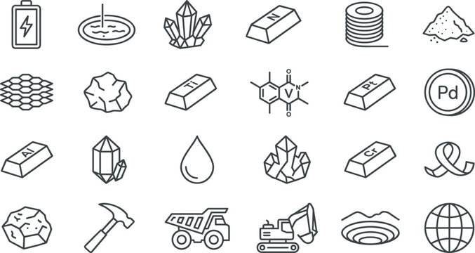 Industrial Mining and Critical Minerals Line Icon Set with Metal Ingots Battery Elements Geology Crystals Heavy Machinery Open Pit and Metallurgy Vector Symbols