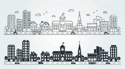 Fototapeta premium Cityscape illustration with outline and silhouette buildings and urban street scene