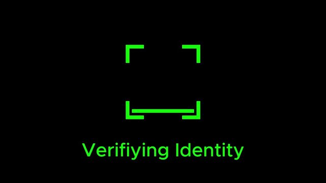 Minimalist digital identity verification interface animation featuring a glowing green checkmark icon inside a square frame on transparent background